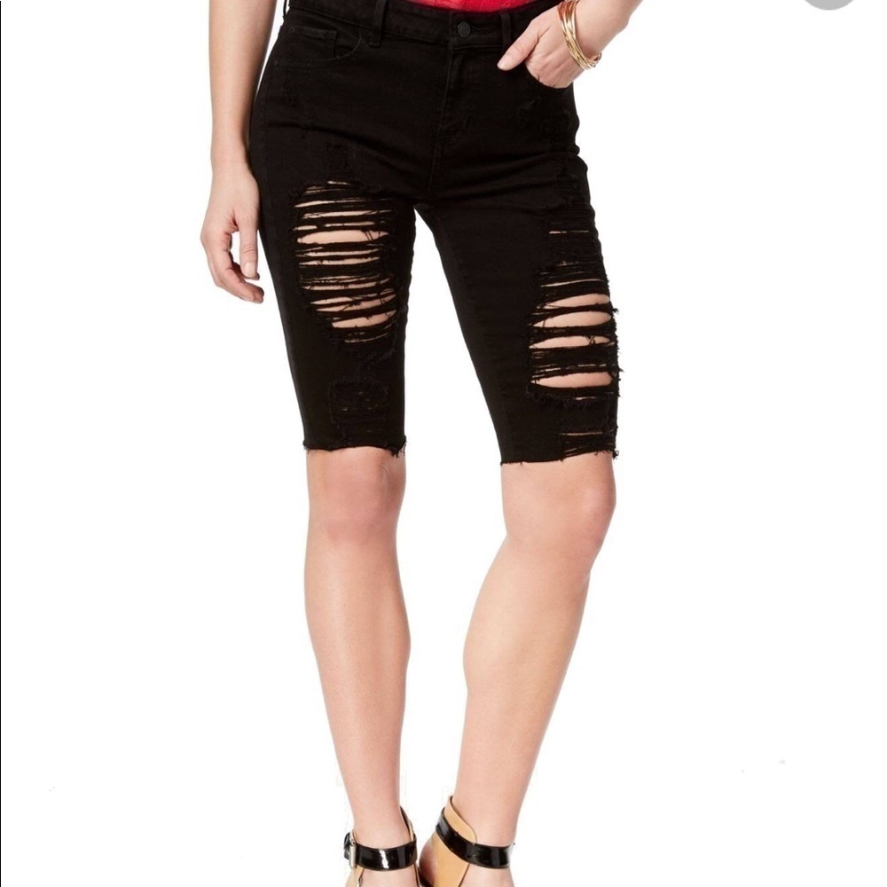 Blank NYC/ Black Distressed Denim Bermuda Shorts - Picture 1 of 6